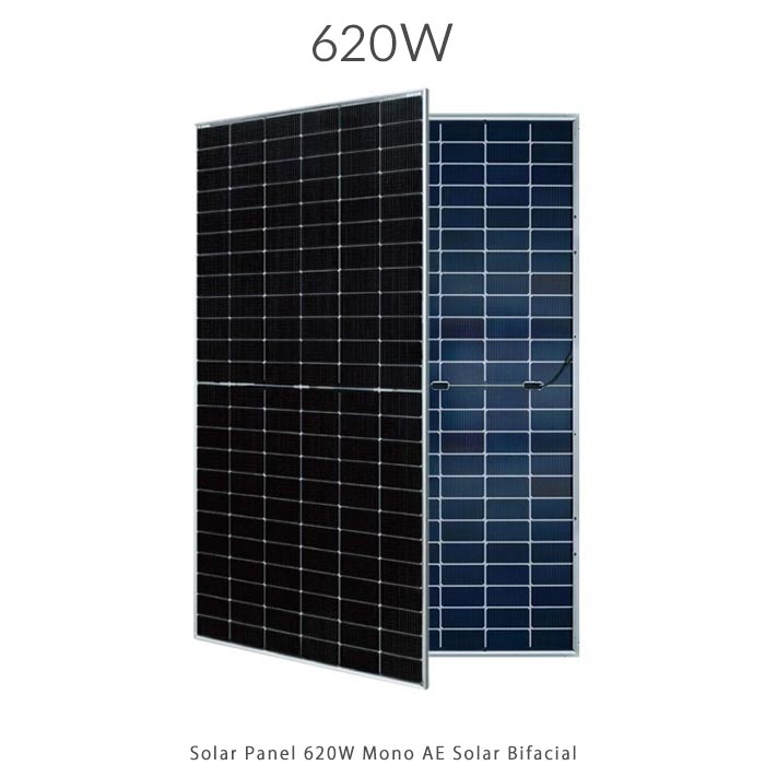 پنل خورشیدی 620 وات مونو کریستال مدل بایفشیال N-Type TOPCON برند AE SOLAR